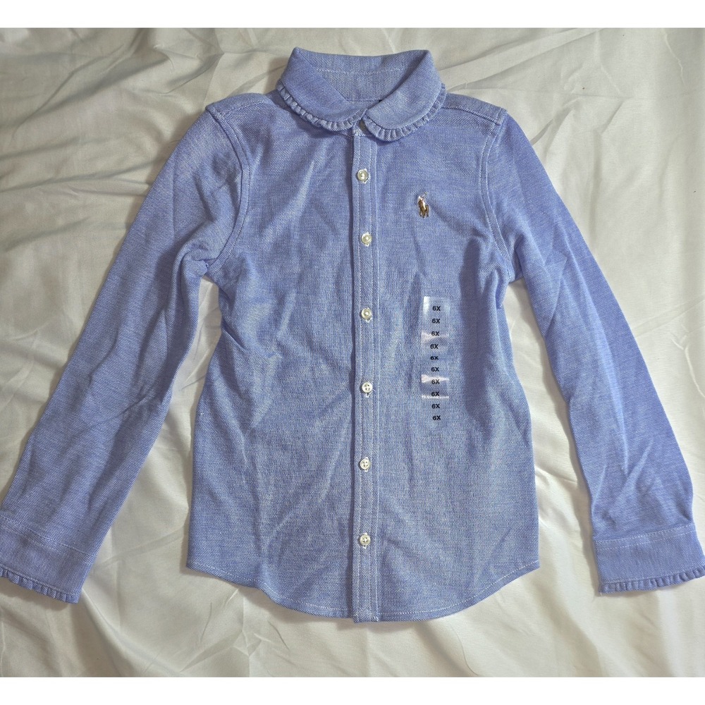 Polo Ralph Lauren Oxford Knit 100% Cotton Ruffled Button Down Kids Size 5 NWOT